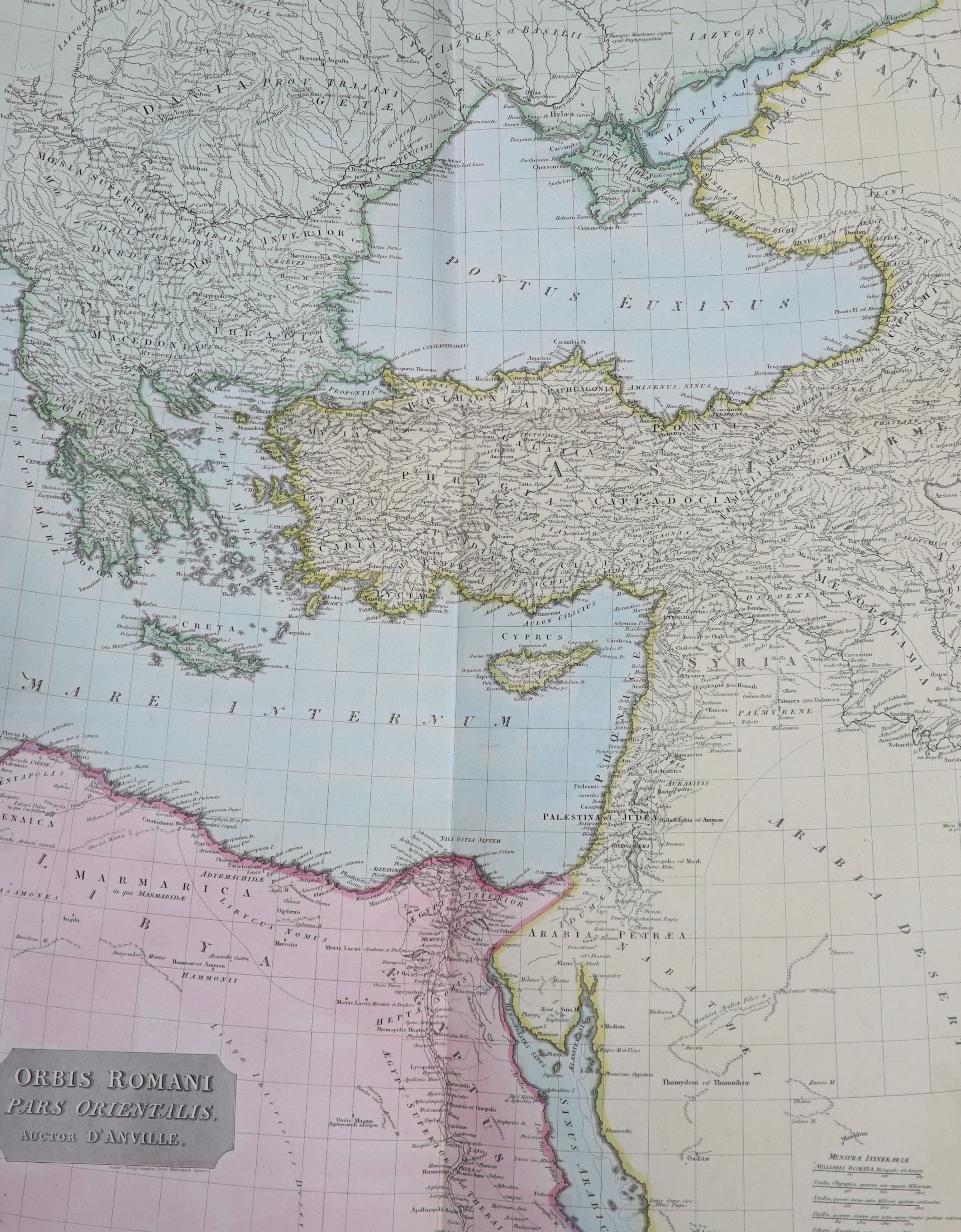 Anville, Jean Baptiste Bourguingnon d’ - Atlas and Geography of the Antients, folio, half leather, with 10 hand-coloured folding maps, including the World map, some early leaves and maps loose, London 1815